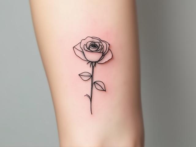 Single line stem rose tattoo on an inner arm, conveying simplicity and elegance.