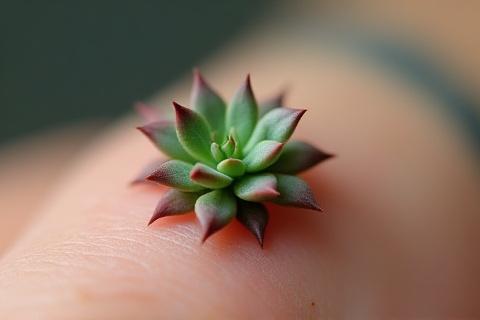 Micro realism tattoo of a tiny succulent plant, showing incredibly fine details and realistic textures.