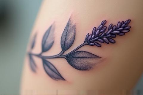 Botanical tattoo with soft stippling and shading, depicting a sprig of lavender with depth and texture.