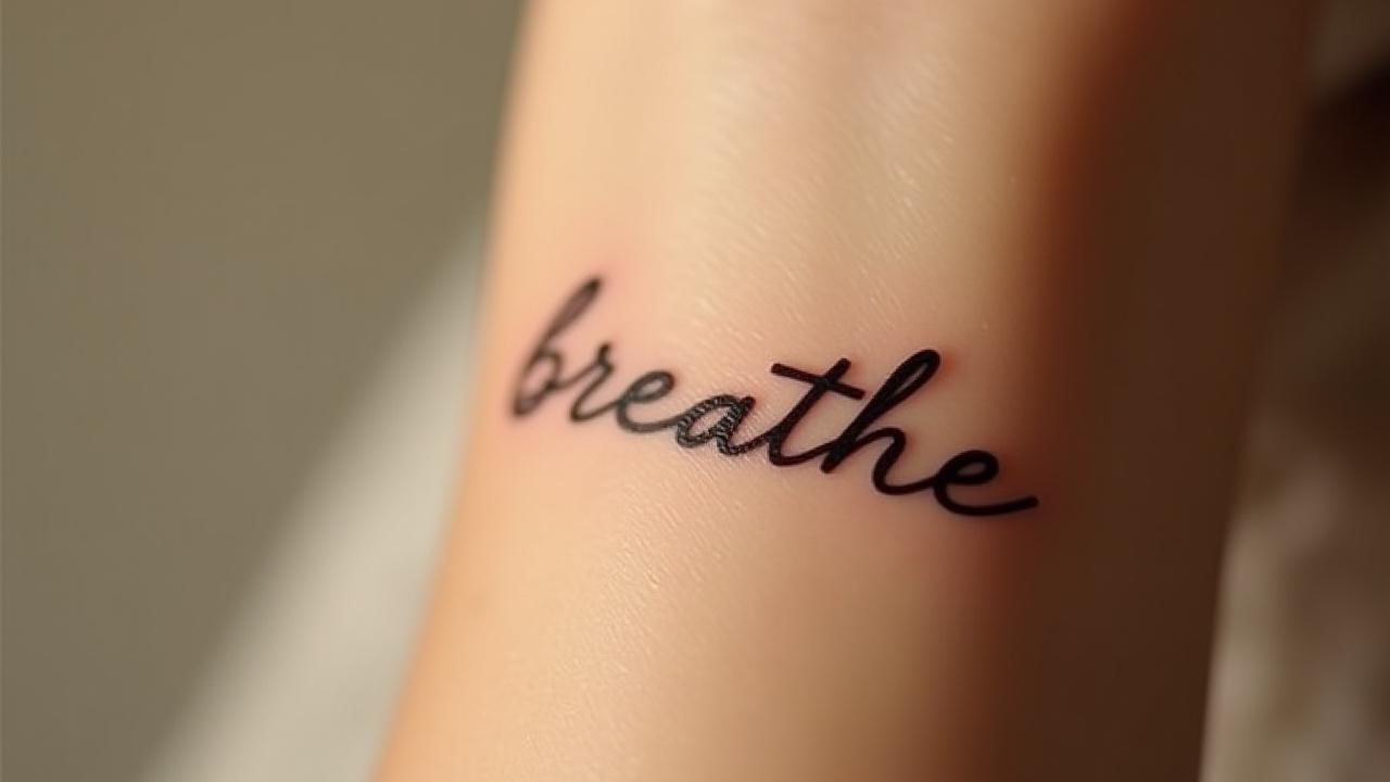 Close-up of a delicate fine line script tattoo reading 'breathe' on a wrist