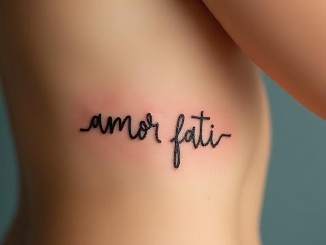Elegant fine line script tattoo 'amor fati' on the ribs
