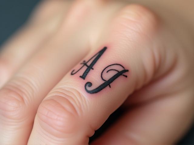 Intertwined initial script tattoo on a finger