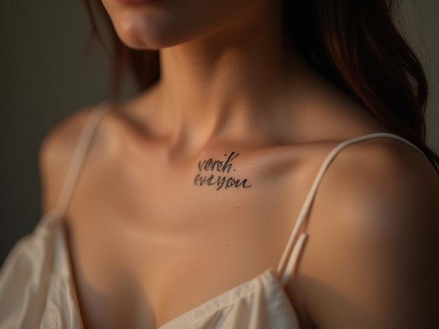 Fine line quote tattoo along a collarbone