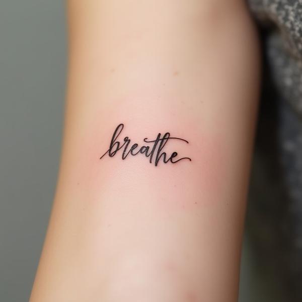 Dainty hand poked script tattoo on an inner arm, legible yet delicate