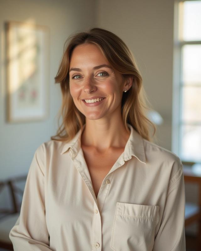 Sheila M Rose, a friendly woman, smiling in her bright, clean tattoo studio with art on the walls