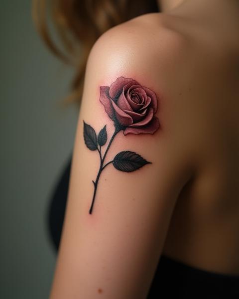 Delicate fine line rose tattoo on shoulder