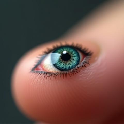 Hyper-realistic tiny eye tattoo on a finger