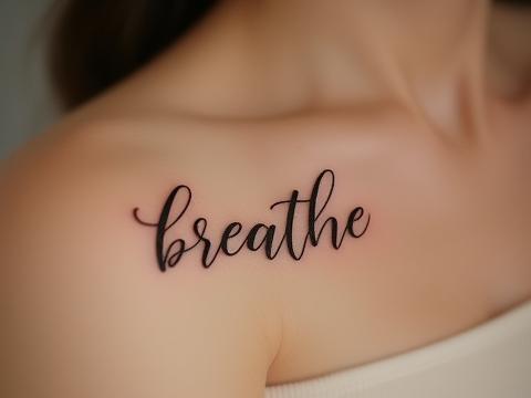 Elegant script tattoo 'breathe' on collarbone