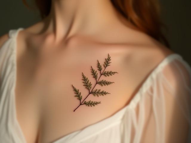 Delicate botanical tattoo of a single fern leaf