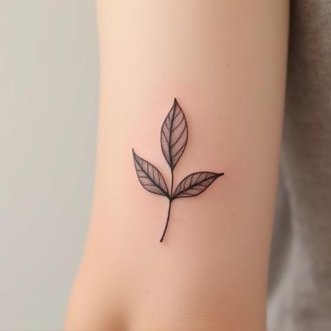 A single, delicate leaf tattoo on the inner arm, embodying botanical simplicity.