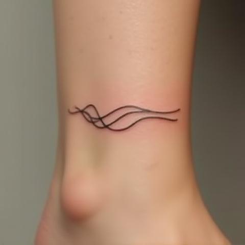 A minimalist single-line wave tattoo on the inner ankle, subtly elegant.
