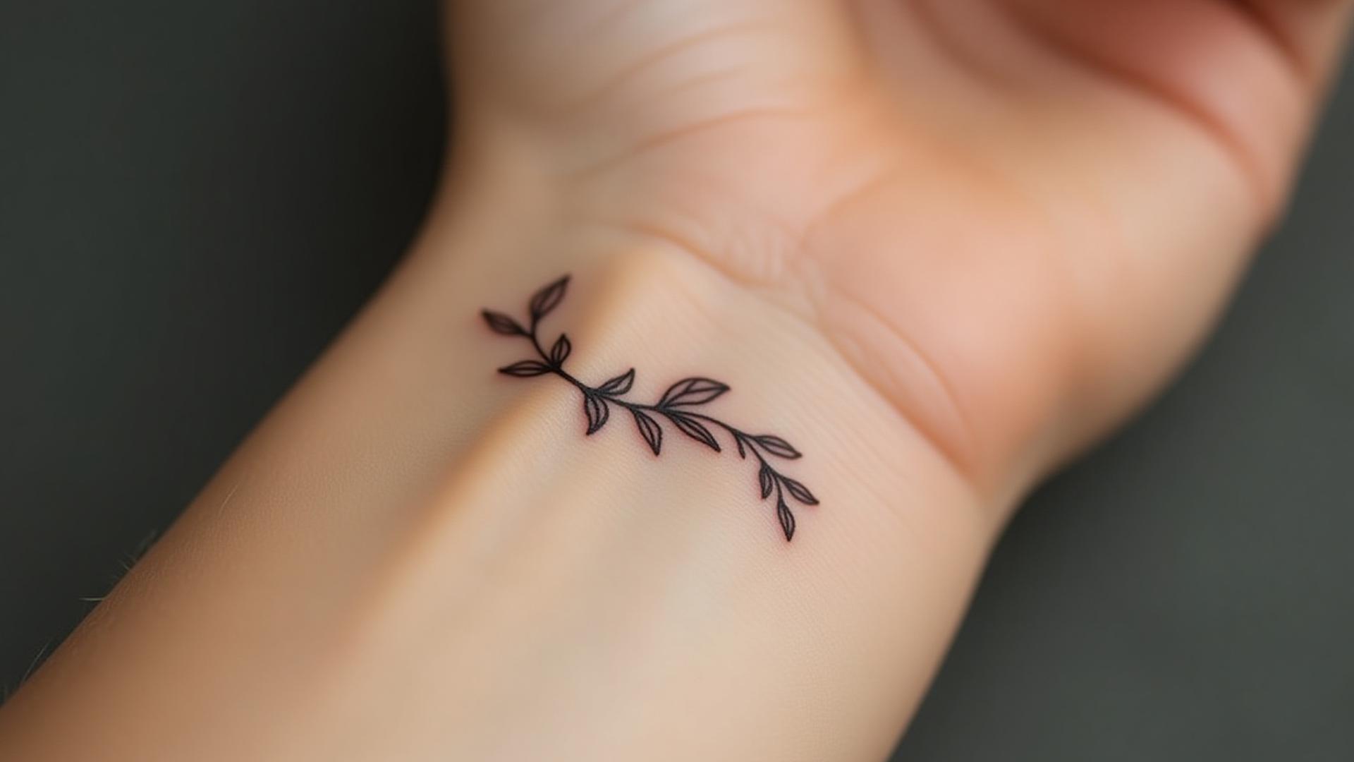 Close-up of a delicate single line botanical tattoo on a wrist, showcasing minimalist beauty and clean execution.