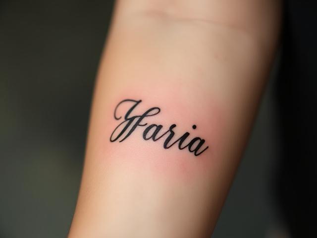 Extremely fine script tattoo with elegant flourishes on a forearm