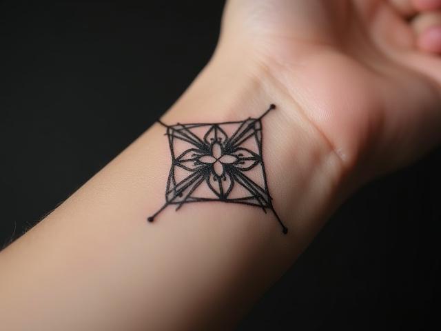 Complex geometric pattern tattoo on wrist, featuring perfectly symmetrical, fine lines