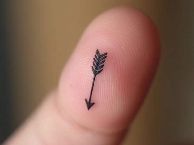 Small arrow tattoo on finger, minimalist design.