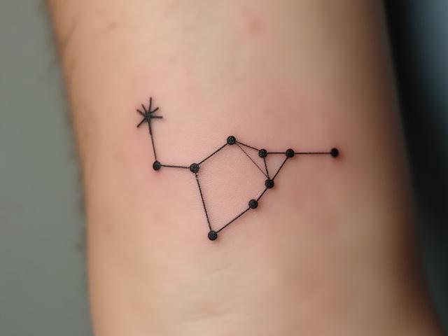 Sagittarius constellation tattoo on inner wrist, delicate line work.