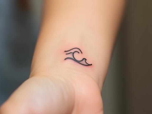 Small wave symbol tattoo on wrist, elegant and minimalist.